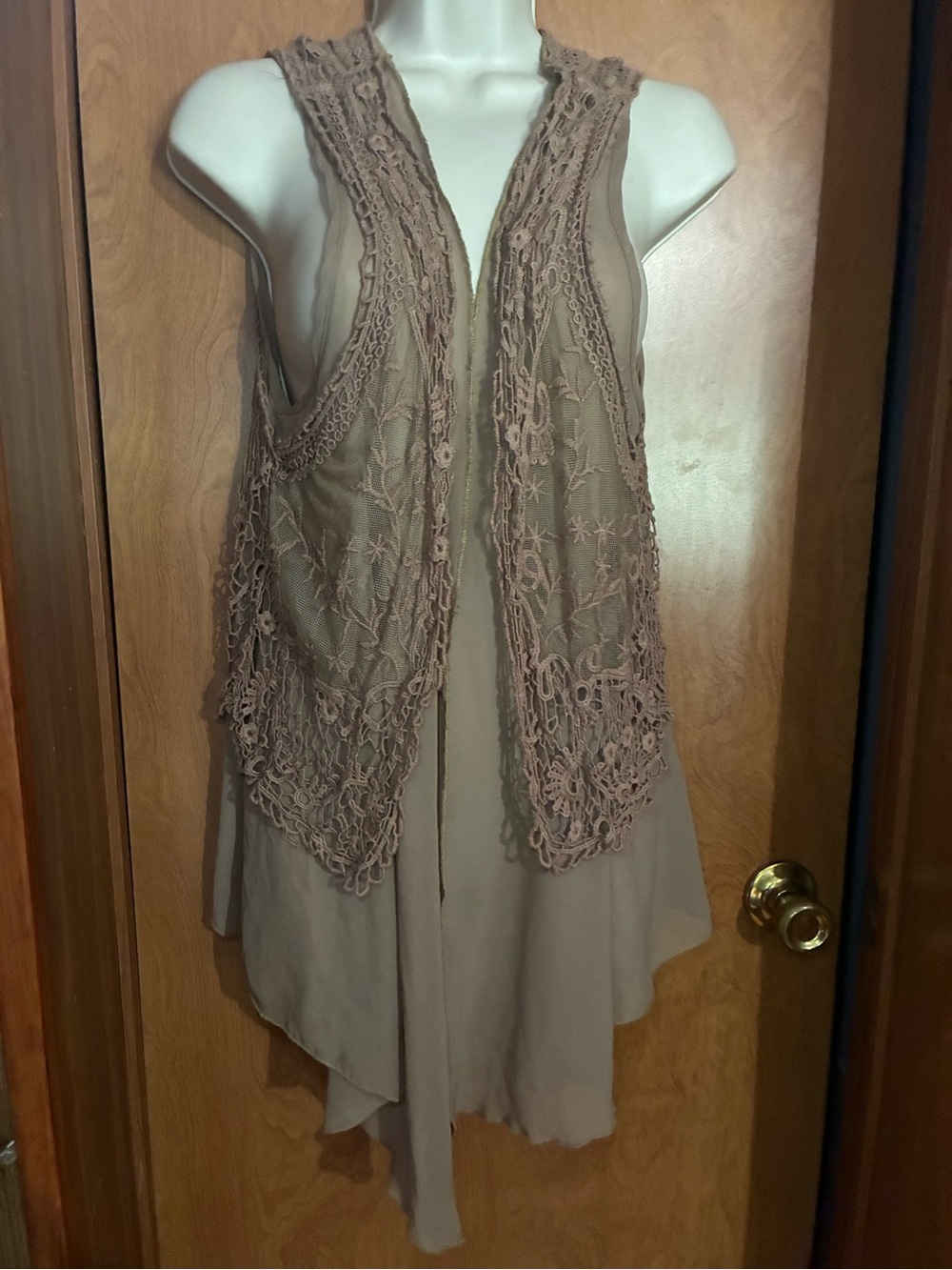 Daytrip Taupe Crochet-Trim Sleeveless Layered Tunic